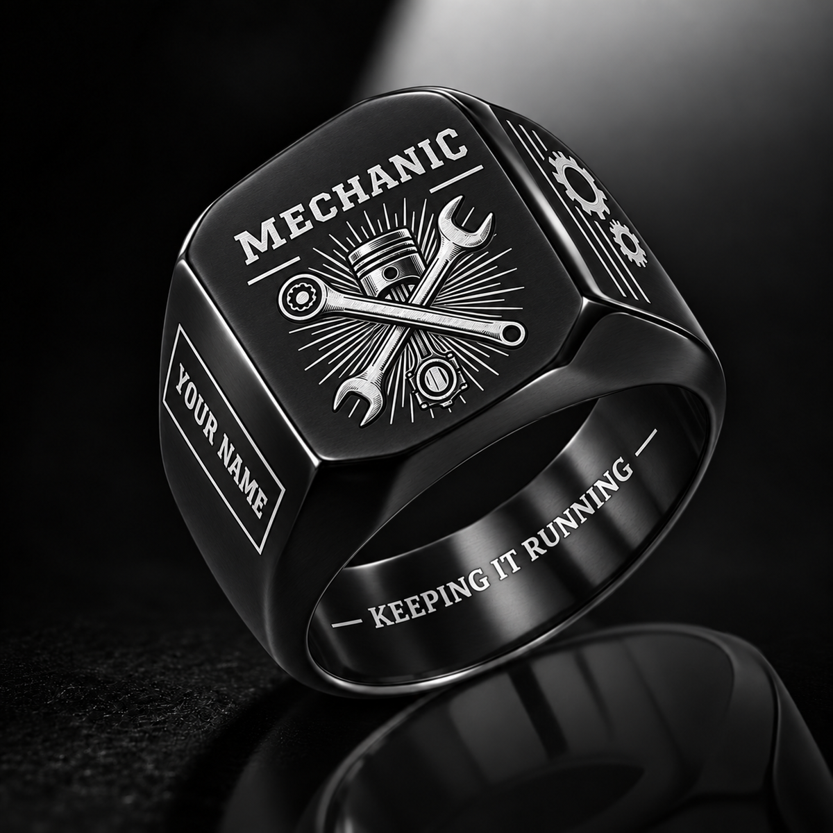 Personalized Mechanic Engraved Signet Ring - Sunburst Legacy - Black