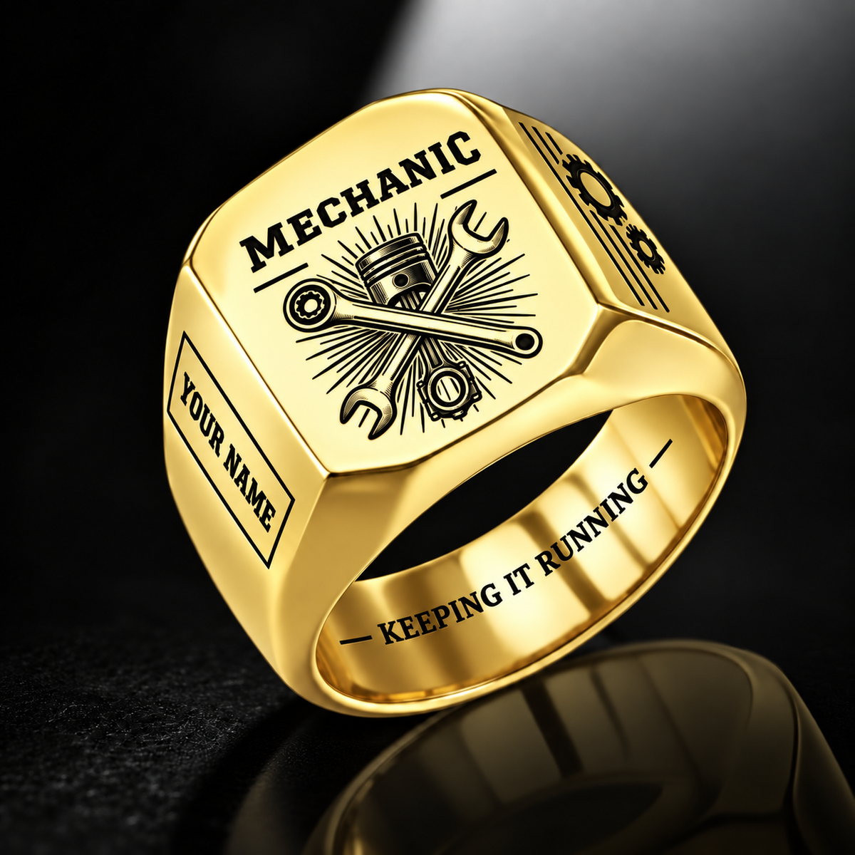 Personalized Mechanic Engraved Signet Ring - Sunburst Legacy - Gold