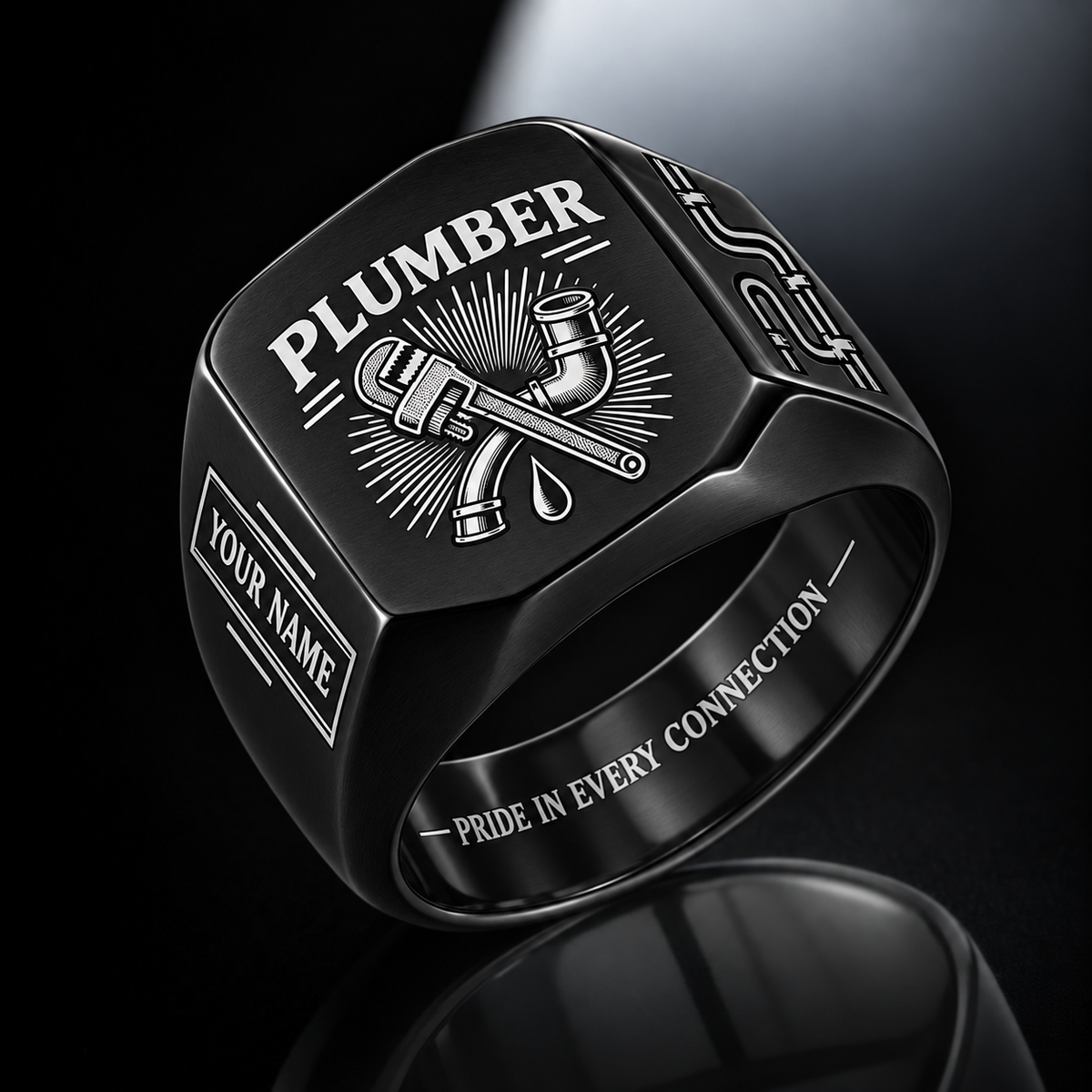 Personalized Plumber Engraved Signet Ring - Sunburst Legacy - Black