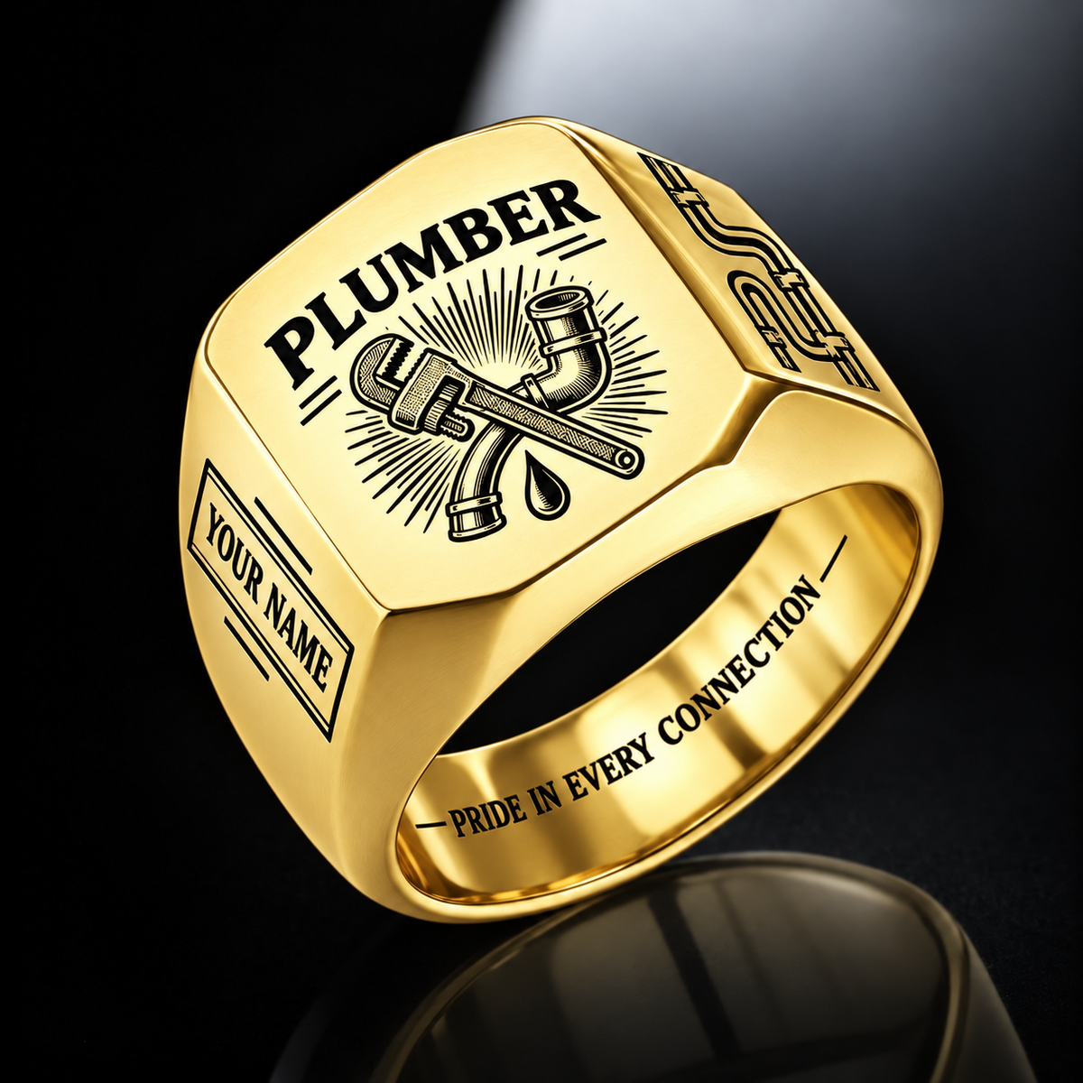 Personalized Plumber Engraved Signet Ring - Sunburst Legacy - Gold