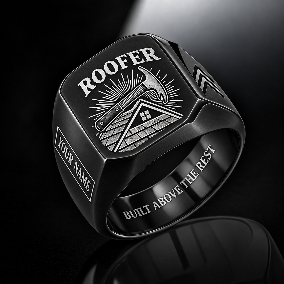 Personalized Roofer Engraved Signet Ring - Sunburst Legacy - Black