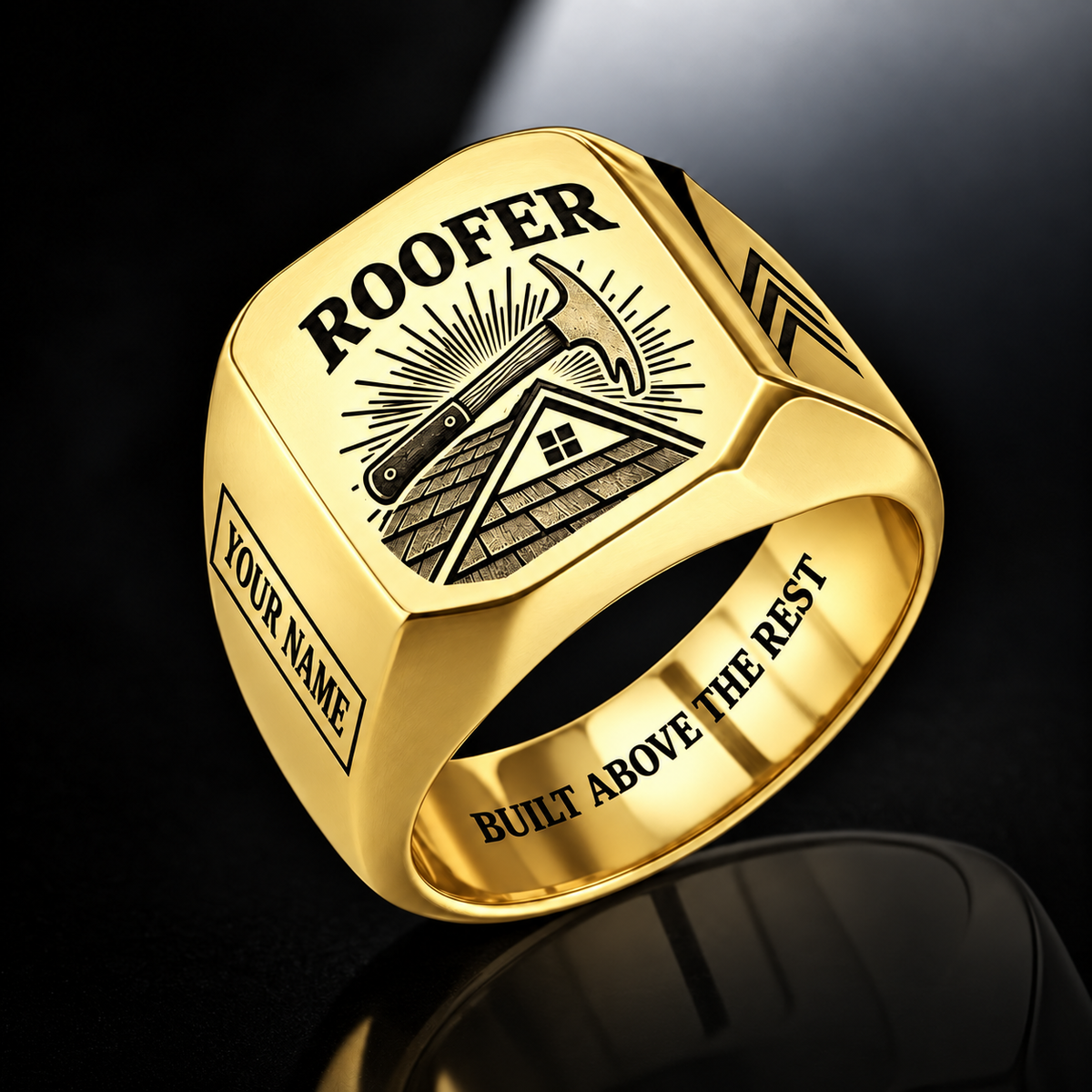 Personalized Roofer Engraved Signet Ring - Sunburst Legacy - Gold