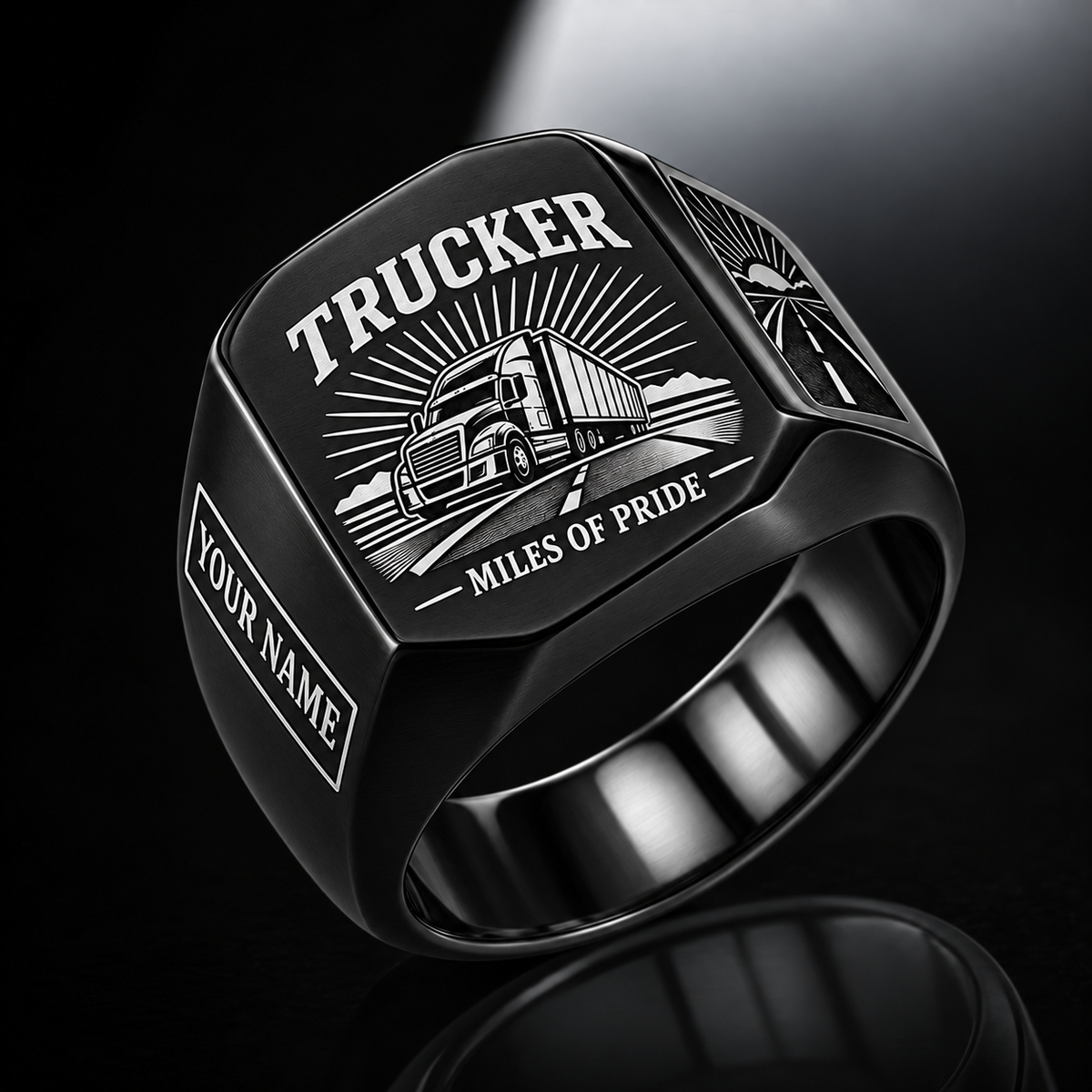 Personalized Trucker Engraved Signet Ring - Sunburst Legacy - Black