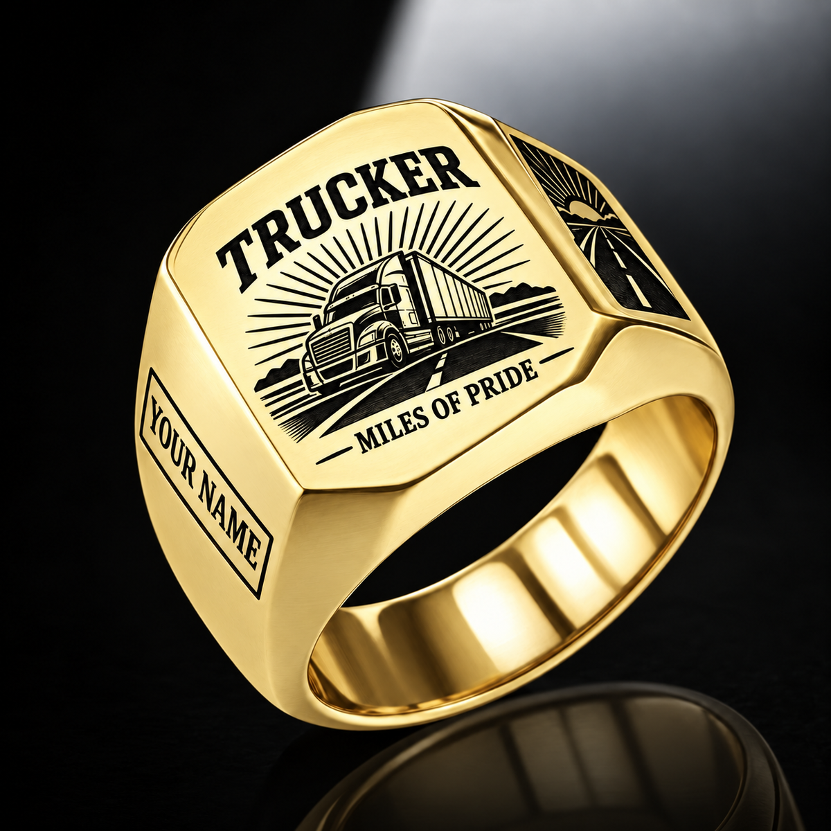 Personalized Trucker Engraved Signet Ring - Sunburst Legacy - Gold