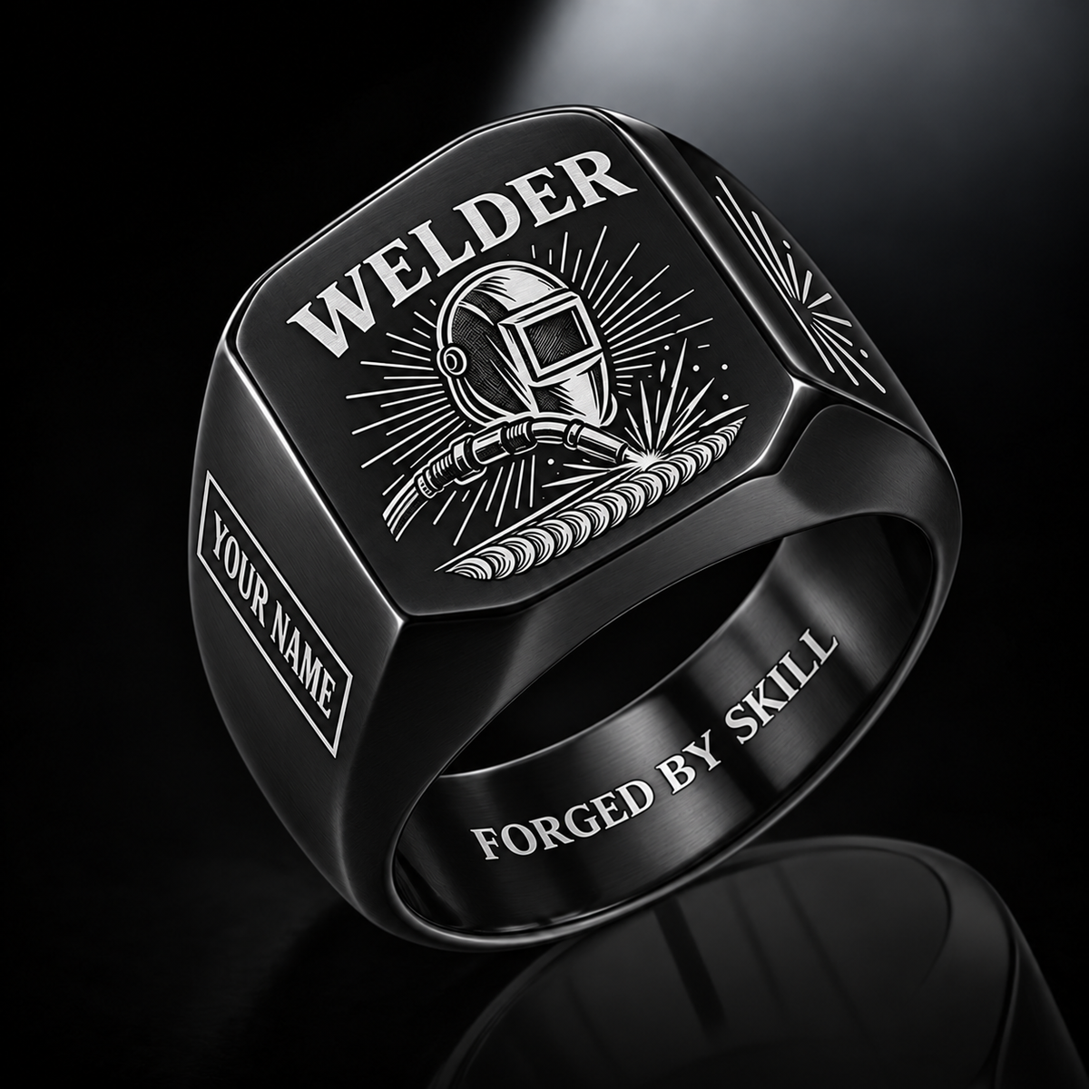 Personalized Welder Engraved Signet Ring - Sunburst Legacy - Black