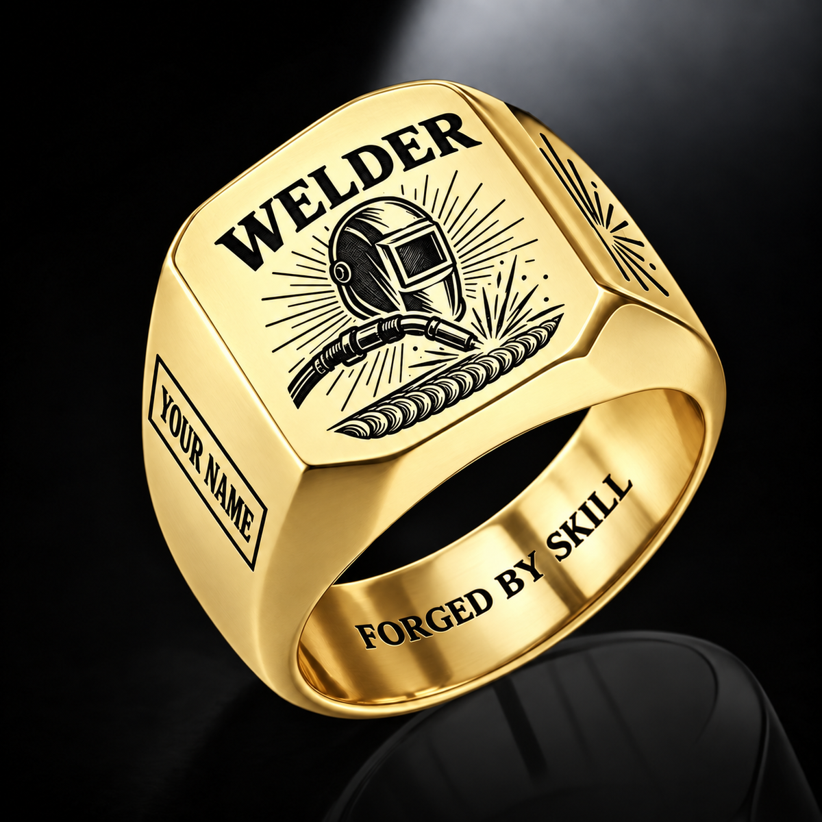Personalized Welder Engraved Signet Ring - Sunburst Legacy - Gold