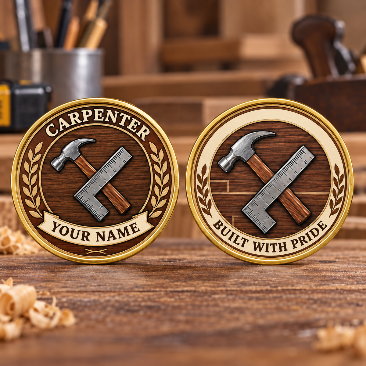 Personalized Carpenter Challenge Coin - Legacy Laurel - Gold