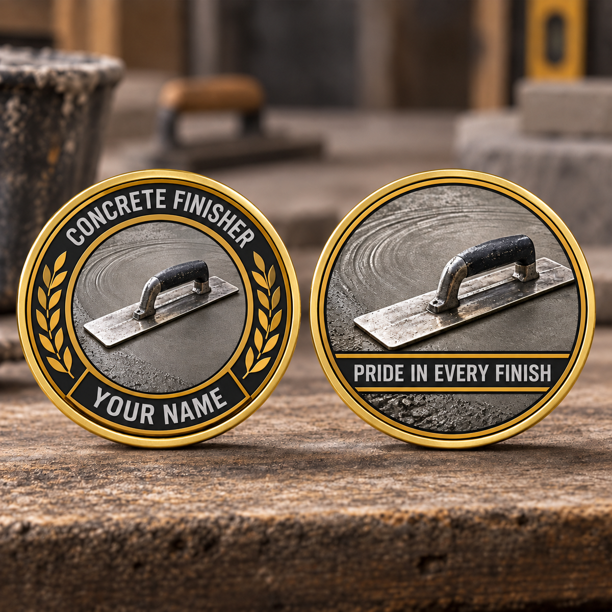 Personalized Concrete Finisher Challenge Coin - Legacy Laurel - Gold