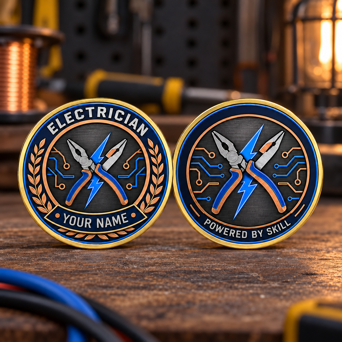 Personalized Electrician Challenge Coin - Legacy Laurel - Gold