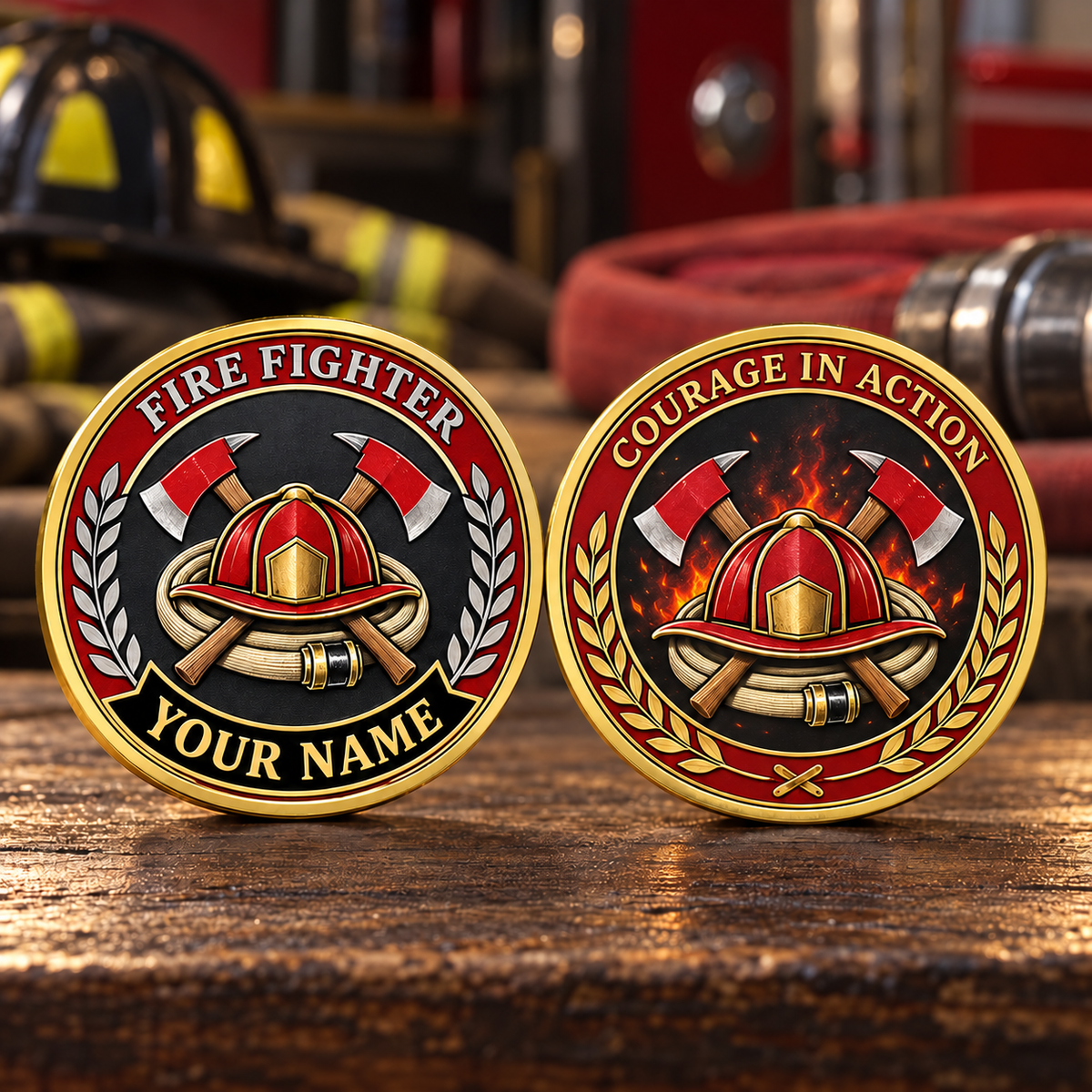 Personalized Fire Fighter Challenge Coin - Legacy Laurel - Gold