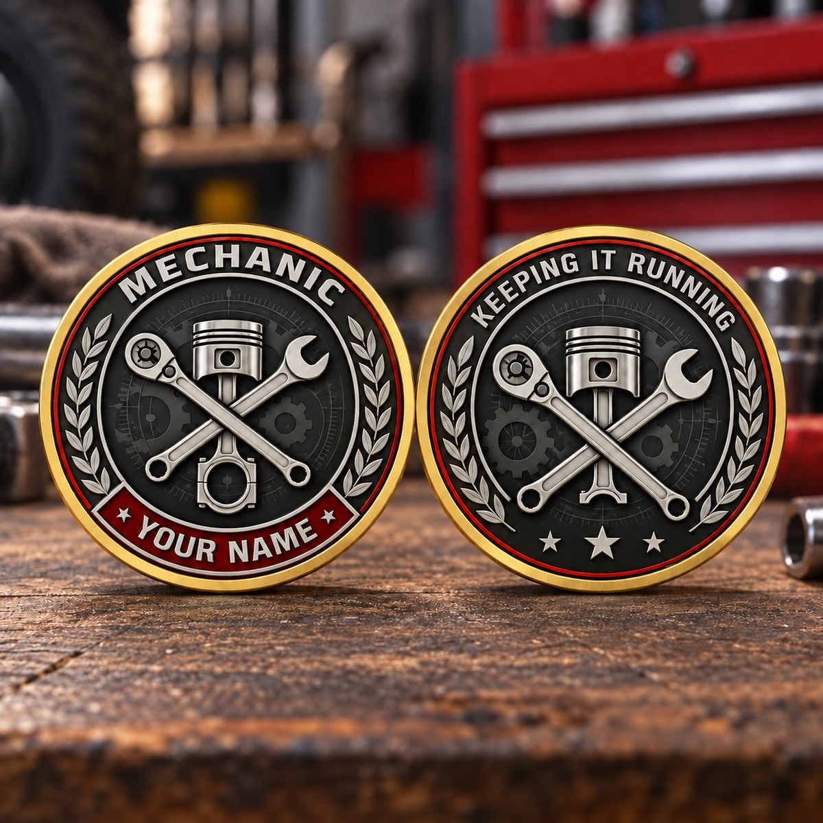 Personalized Mechanic Challenge Coin - Legacy Laurel - Gold