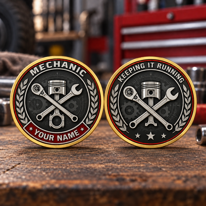 Personalized Mechanic Challenge Coin - Legacy Laurel - Gold