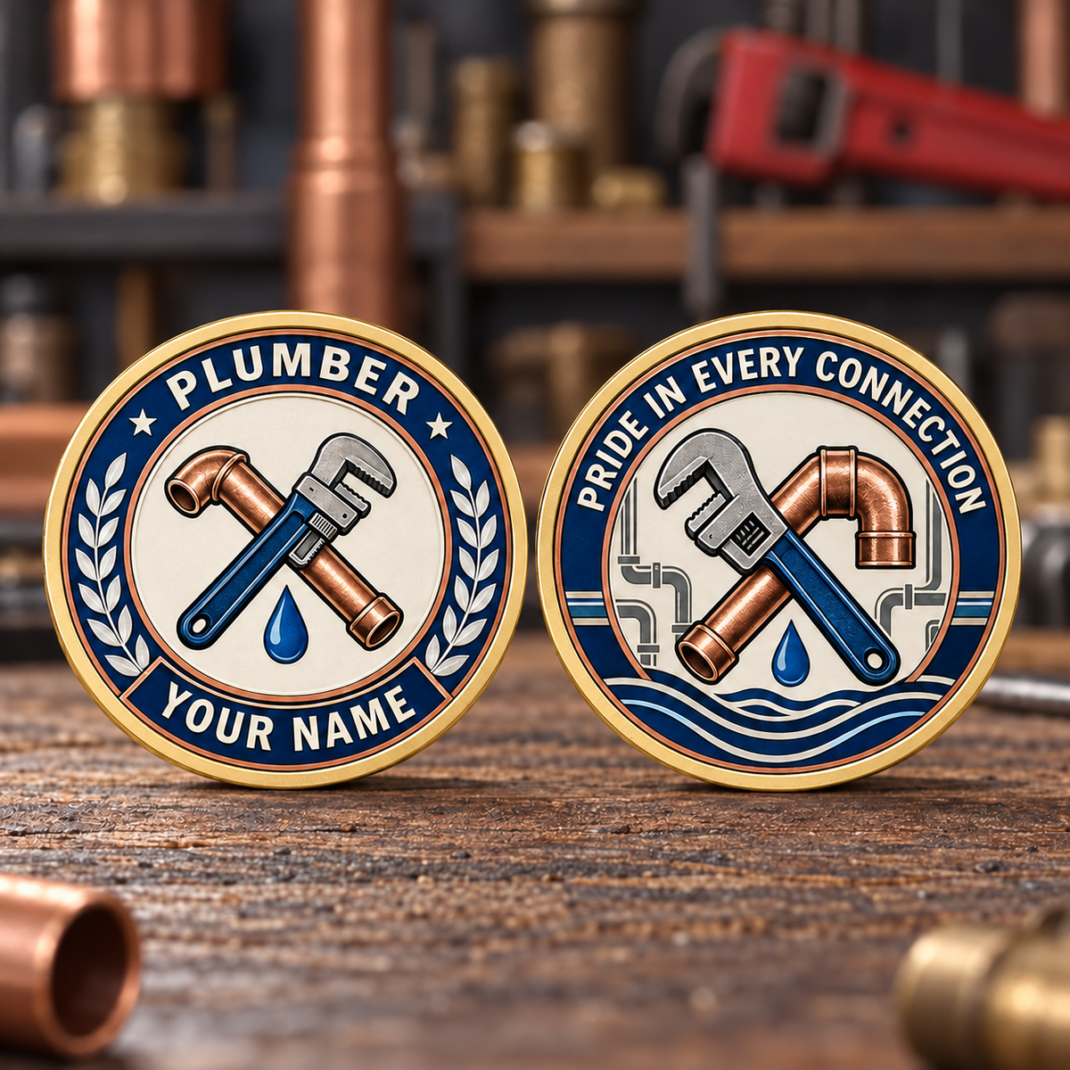 Personalized Plumber Challenge Coin - Legacy Laurel - Gold