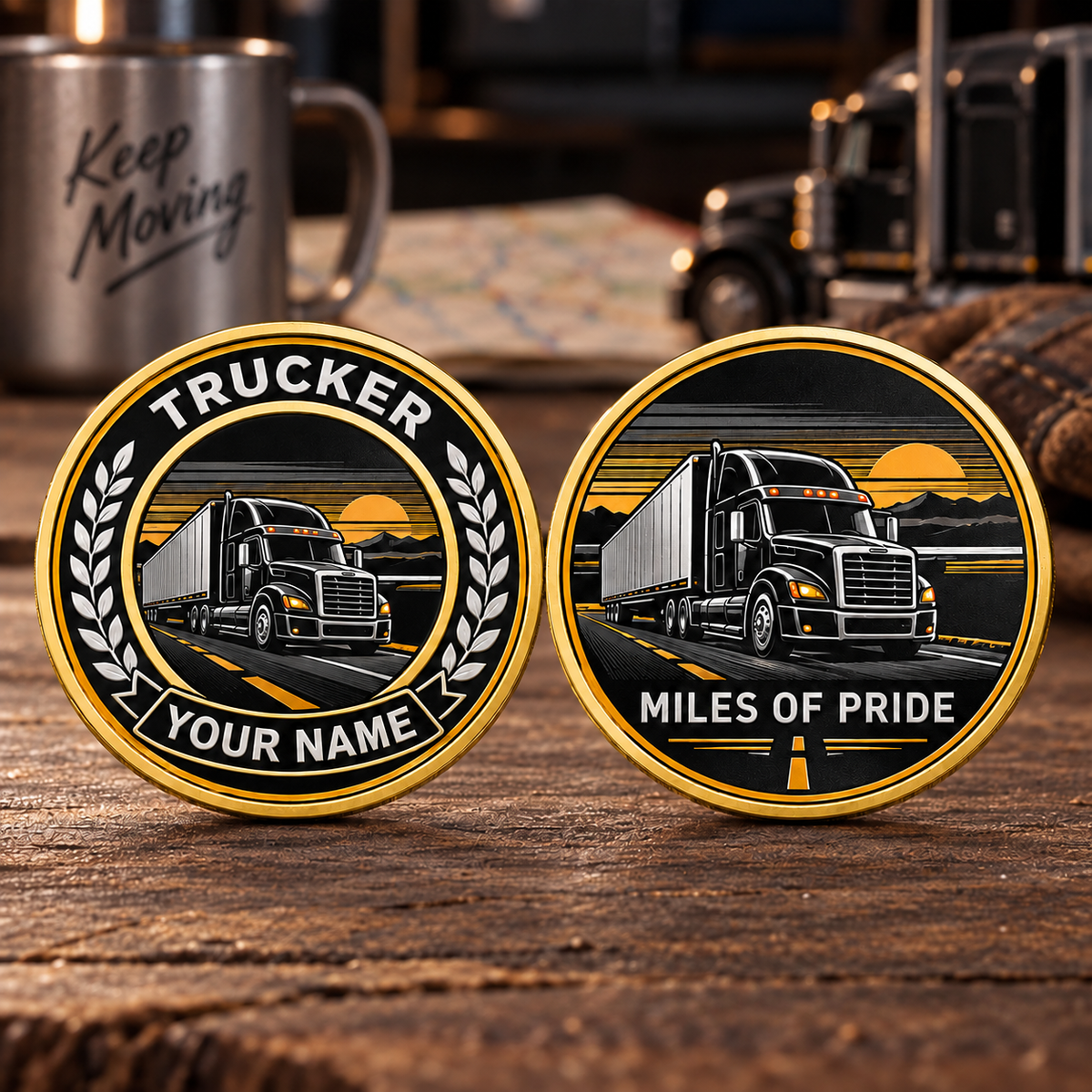 Personalized Trucker Challenge Coin - Legacy Laurel - Gold
