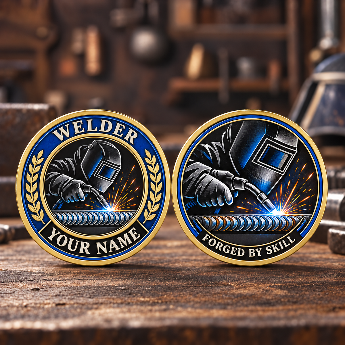 Personalized Welder Challenge Coin - Legacy Laurel - Gold
