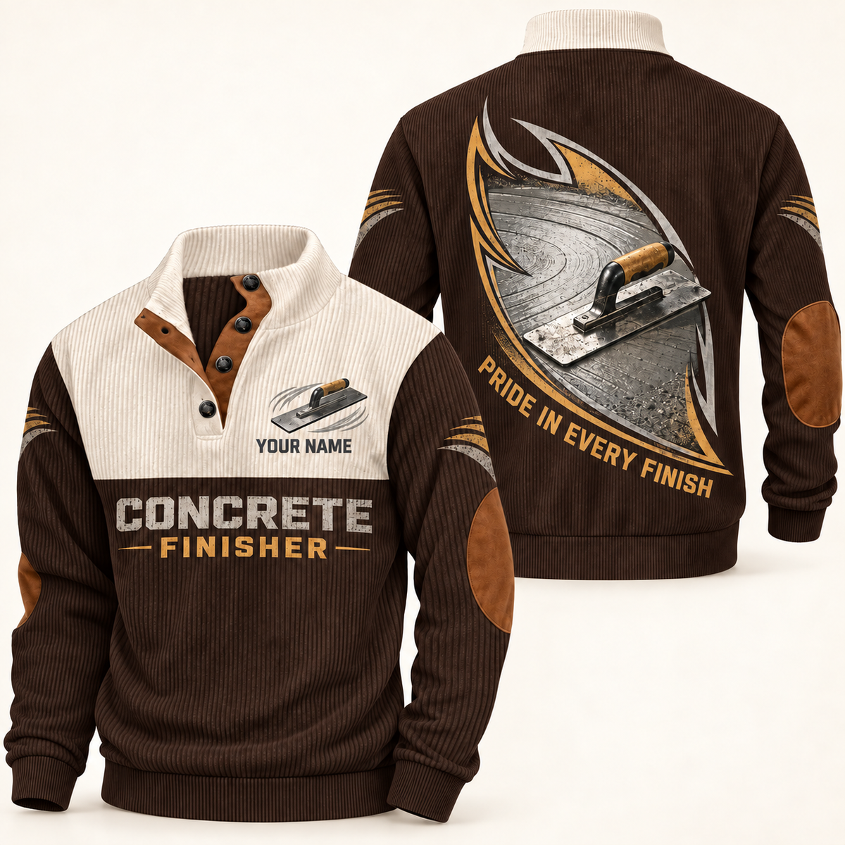Personalized Concrete Finisher Sports Sweatshirt - Heritage Collar - Brown