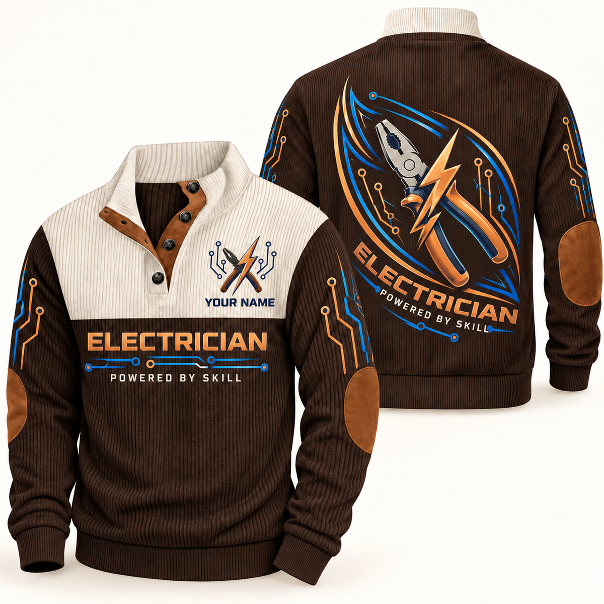Personalized Electrician Sports Sweatshirt - Heritage Collar - Brown