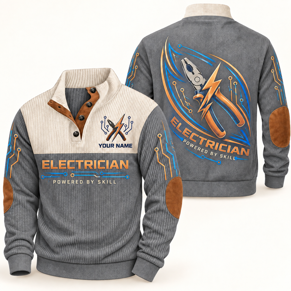 Personalized Electrician Sports Sweatshirt - Heritage Collar - Grey