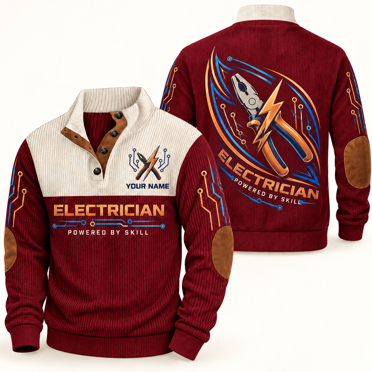Personalized Electrician Sports Sweatshirt - Heritage Collar - Jujube Red