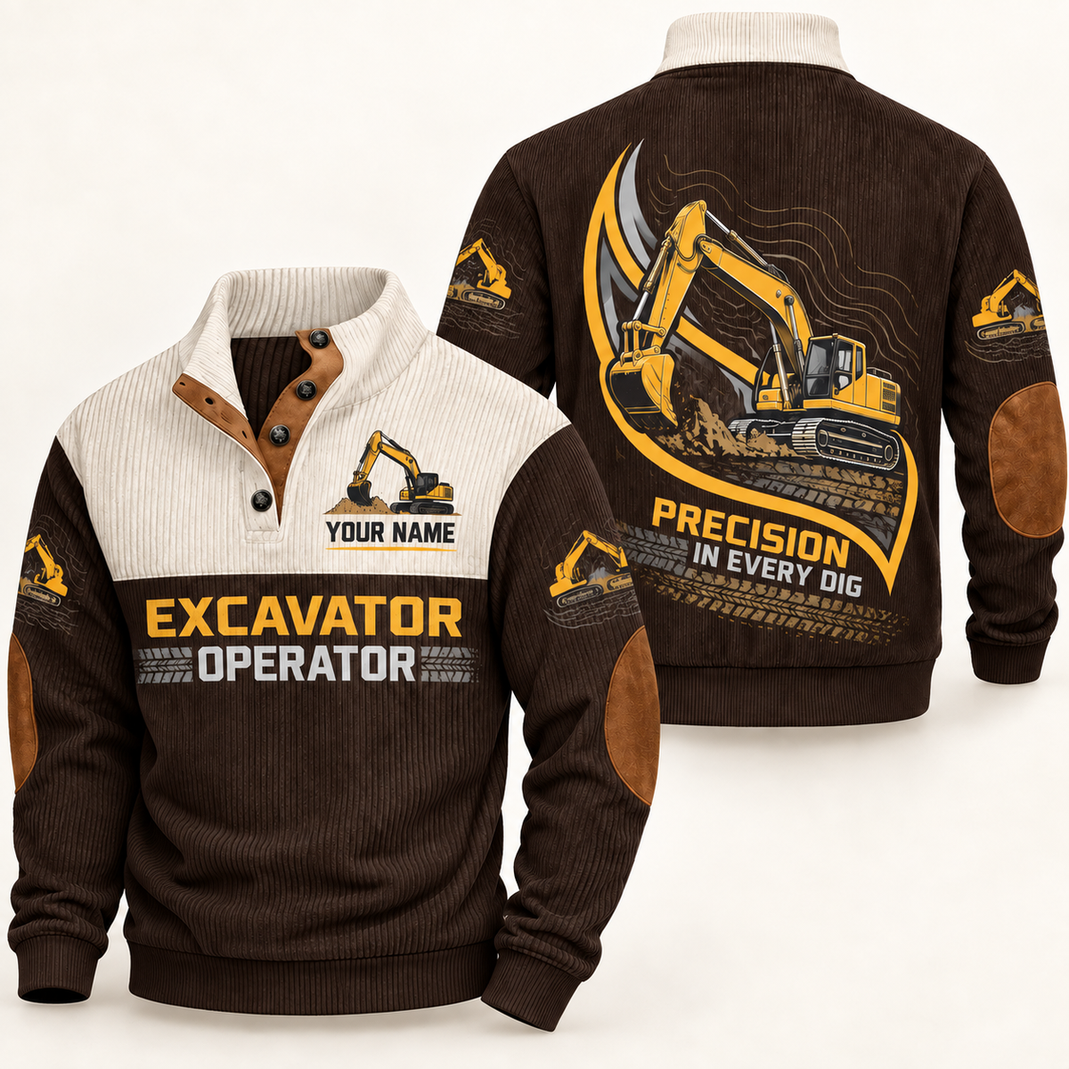Personalized Excavator Operator Sports Sweatshirt - Heritage Collar - Brown