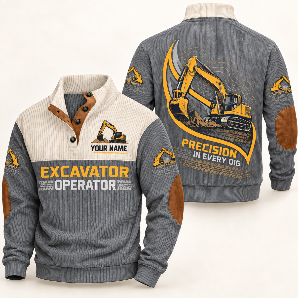 Personalized Excavator Operator Sports Sweatshirt - Heritage Collar - Grey