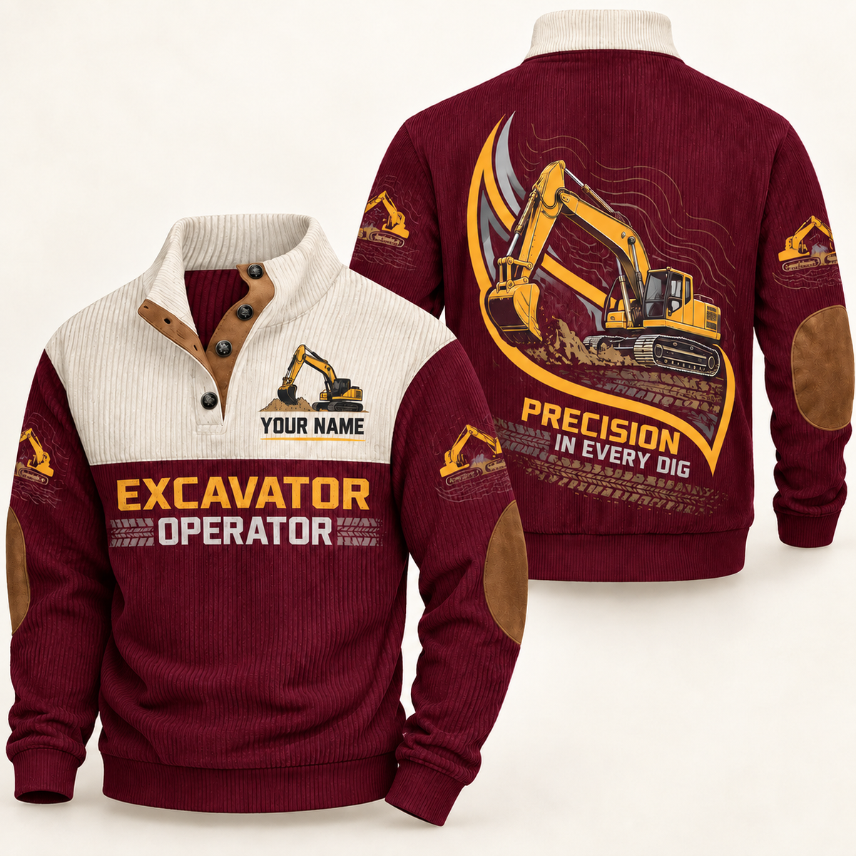 Personalized Excavator Operator Sports Sweatshirt - Heritage Collar - Jujube Red