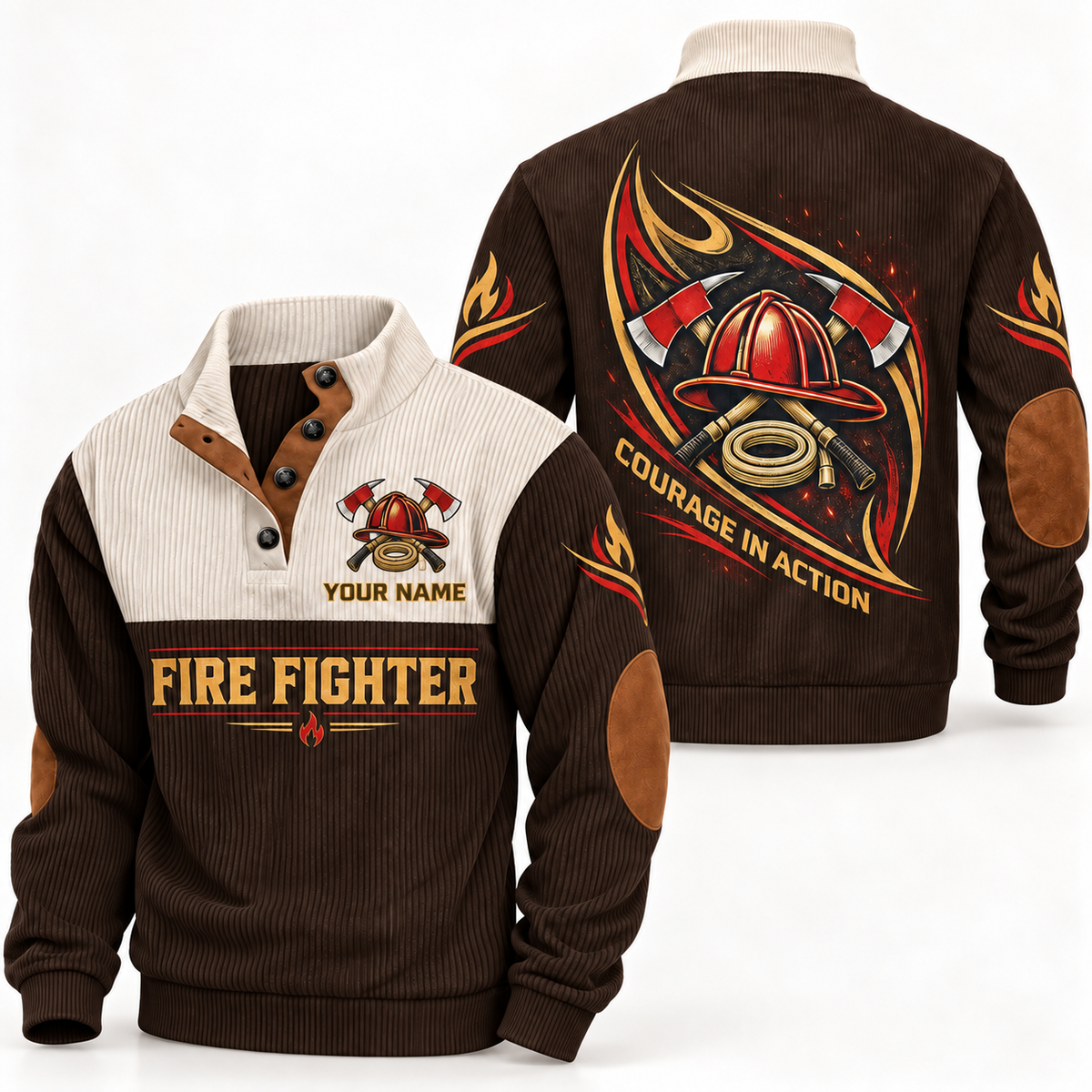 Personalized Fire Fighter Sports Sweatshirt - Heritage Collar - Brown