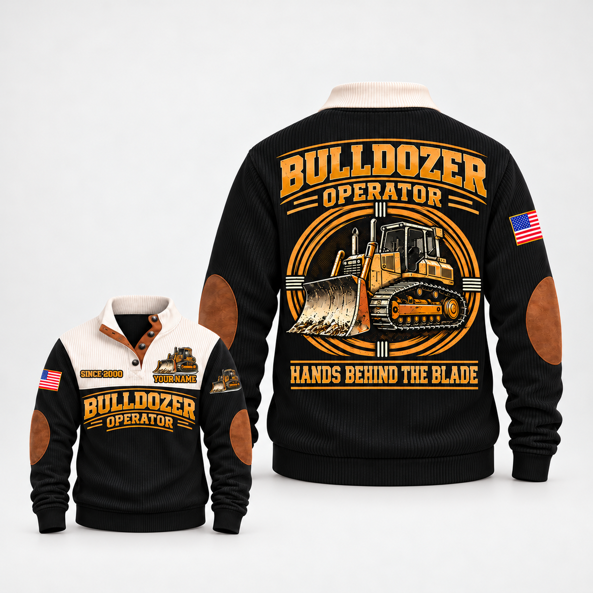Black Bulldozer Operator Hands Behind the Blade Sports Sweatshirt, front and back views with tracked-bulldozer print, cream yoke and collar, and brown elbow details on a light background.