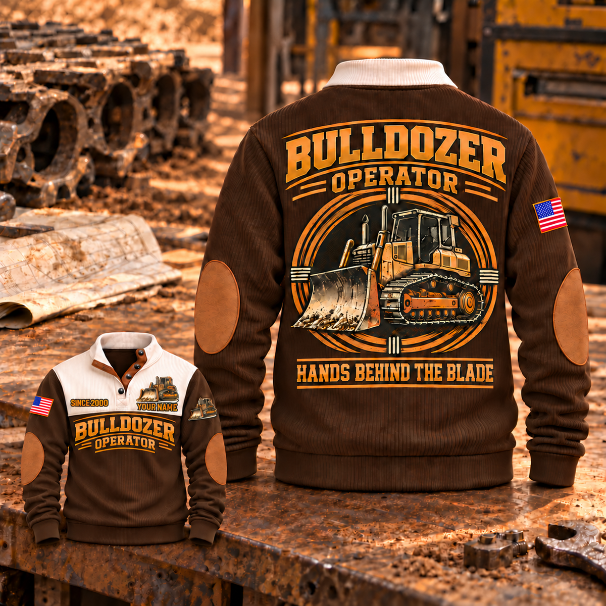 Brown Bulldozer Operator Hands Behind the Blade Sports Sweatshirt, front and back views with tracked-bulldozer print, cream yoke and collar, and brown elbow details on a workshop bench.