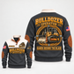 Grey Bulldozer Operator Hands Behind the Blade Sports Sweatshirt, front and back views with tracked-bulldozer print, cream yoke and collar, and brown elbow details on a light background.