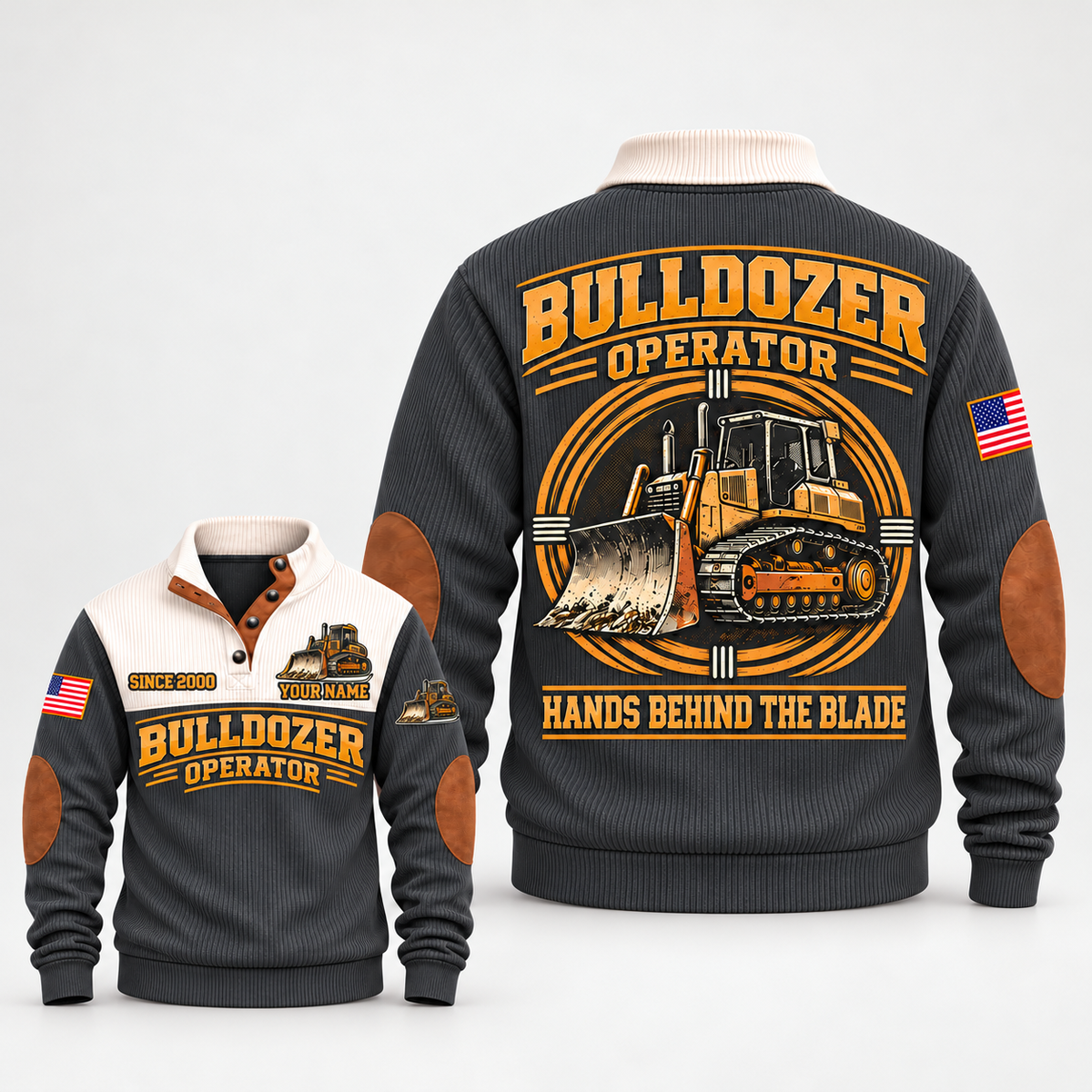 Grey Bulldozer Operator Hands Behind the Blade Sports Sweatshirt, front and back views with tracked-bulldozer print, cream yoke and collar, and brown elbow details on a light background.
