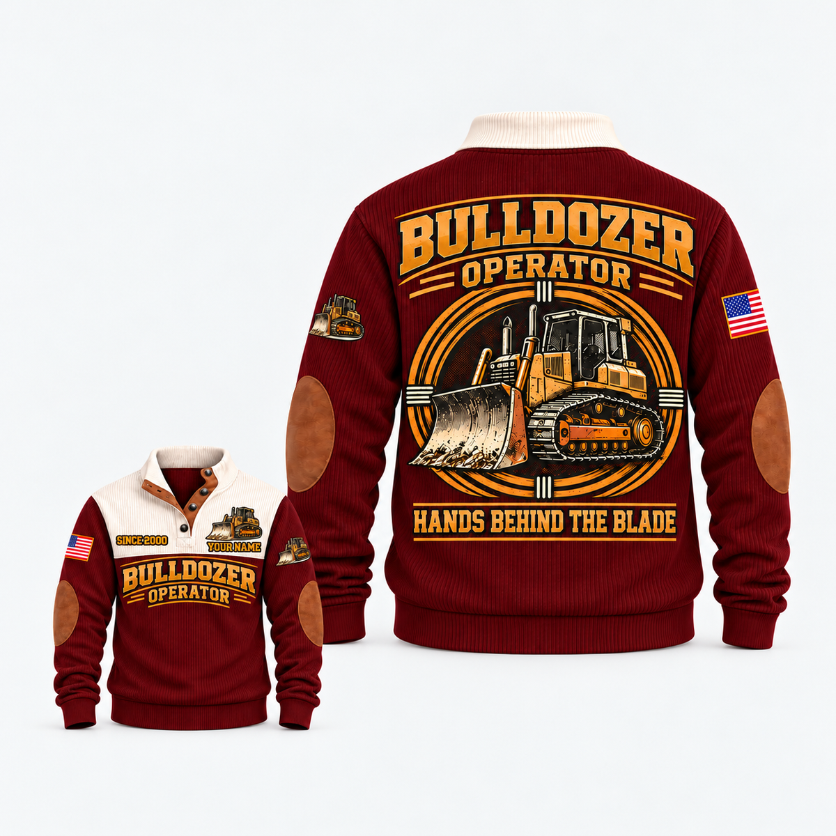 Jujube Red Bulldozer Operator Hands Behind the Blade Sports Sweatshirt, front and back views with tracked-bulldozer print, cream yoke and collar, and brown elbow details on a light background.