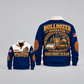 Navy Bulldozer Operator Hands Behind the Blade Sports Sweatshirt, front and back views with tracked-bulldozer print, cream yoke and collar, and brown elbow details on a light background.
