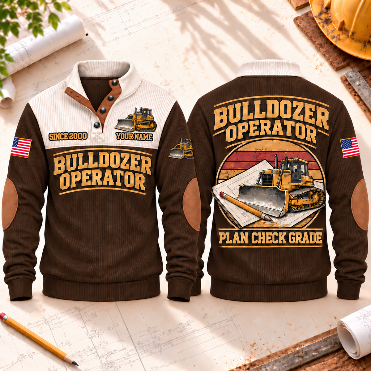 Bulldozer Operator Plan Check Grade Sports Sweatshirt in Brown, front and back views with tracked bulldozer, construction plan and pencil artwork