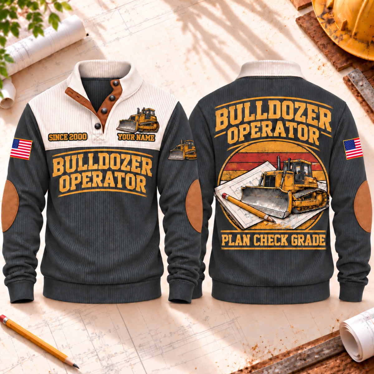 Bulldozer Operator Plan Check Grade Sports Sweatshirt in Grey, front and back views with tracked bulldozer, construction plan and pencil artwork
