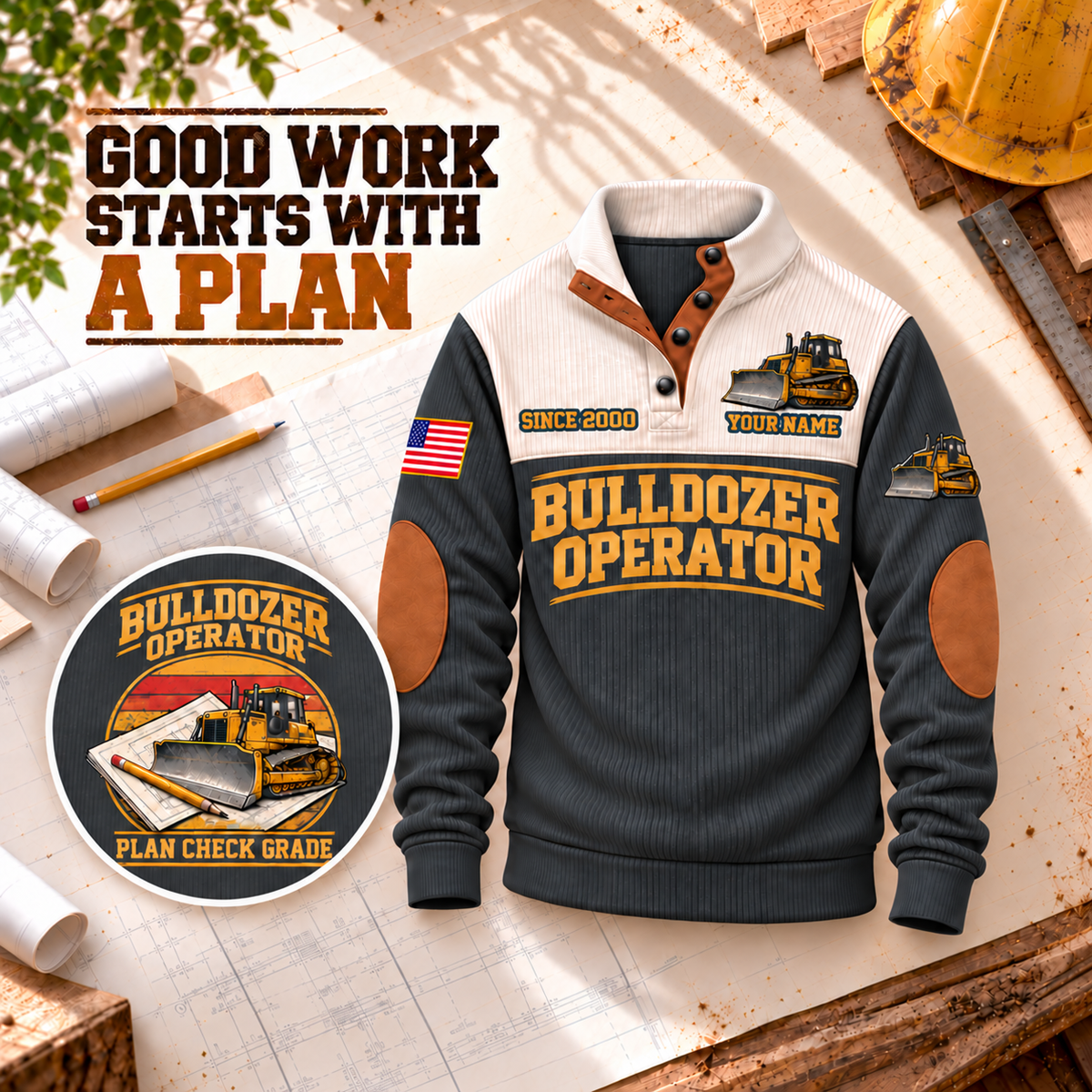 Bulldozer Operator Plan Check Grade Sports Sweatshirt in Grey, front view with back artwork detail on a planning desk