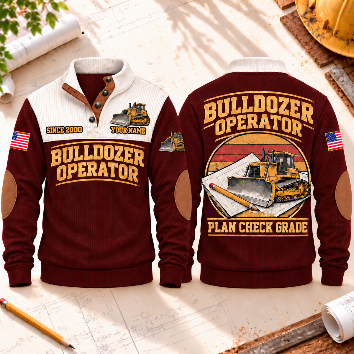 Bulldozer Operator Plan Check Grade Sports Sweatshirt in Jujube Red, front and back views with tracked bulldozer, construction plan and pencil artwork