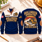 Bulldozer Operator Plan Check Grade Sports Sweatshirt in Navy, front and back views with tracked bulldozer, construction plan and pencil artwork