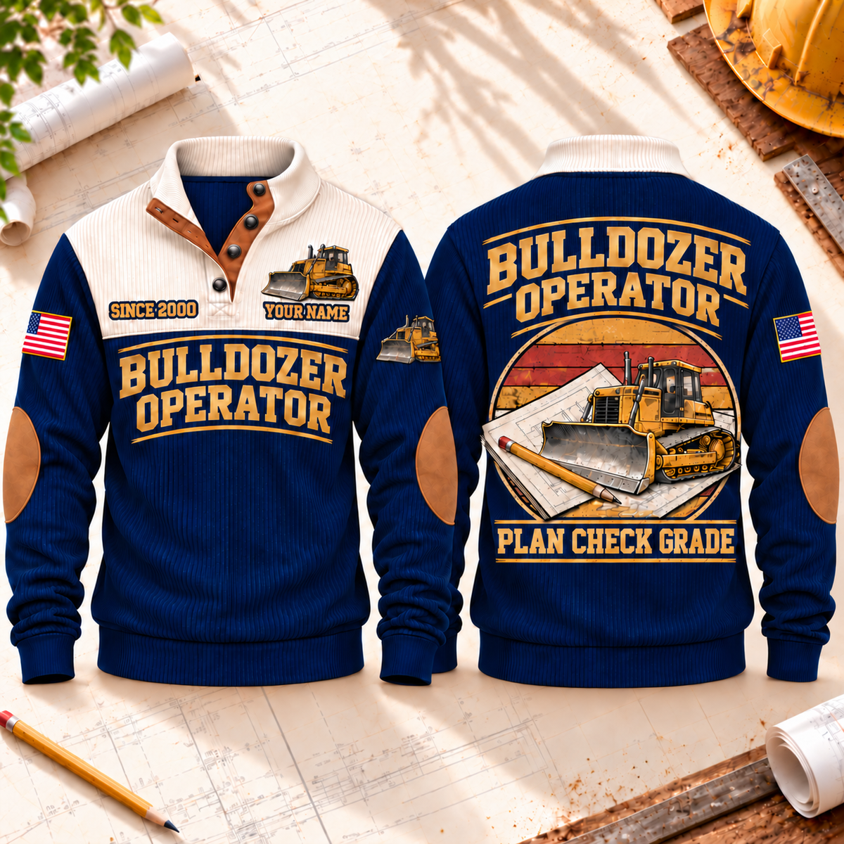 Bulldozer Operator Plan Check Grade Sports Sweatshirt in Navy, front and back views with tracked bulldozer, construction plan and pencil artwork