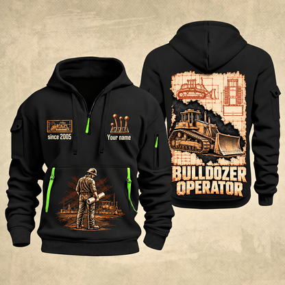 Bulldozer Operator Blueprint Quarter Zip Hoodie in Black, front and back views with tracked bulldozer engineering artwork and sample since 2005 and Your name lettering.