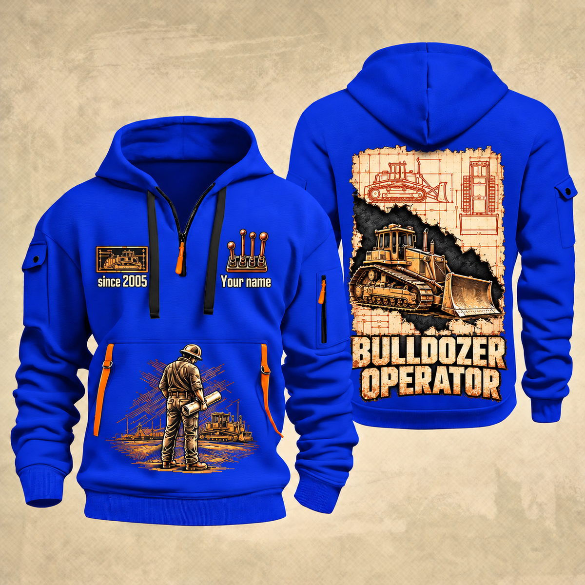 Bulldozer Operator Blueprint Quarter Zip Hoodie in Blue, front and back views with tracked bulldozer engineering artwork and sample since 2005 and Your name lettering.