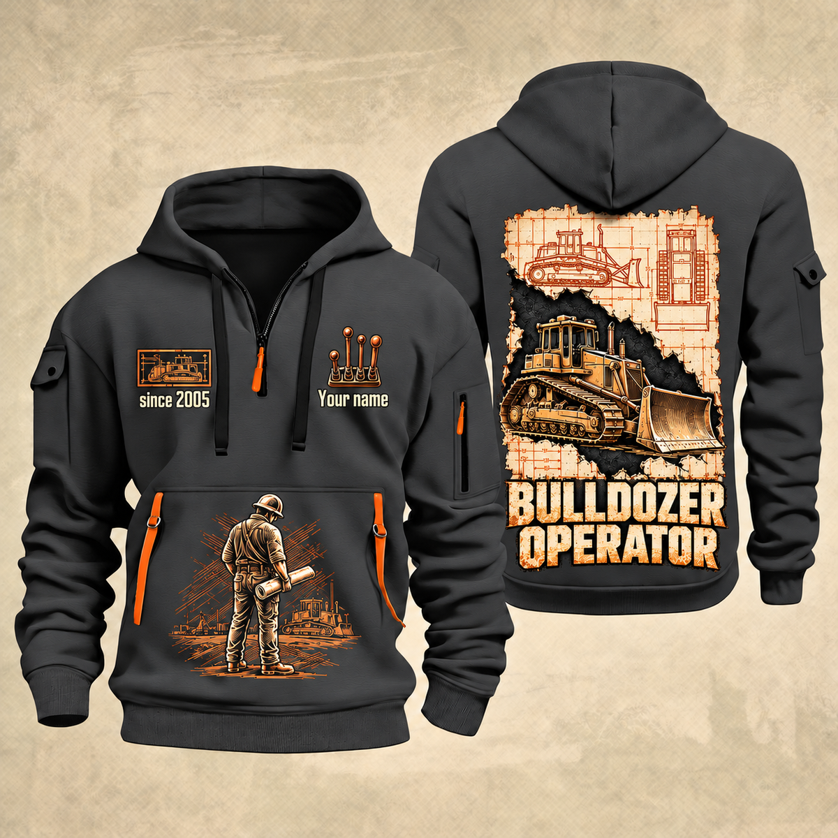Bulldozer Operator Blueprint Quarter Zip Hoodie in Gray, front and back views with tracked bulldozer engineering artwork and sample since 2005 and Your name lettering.