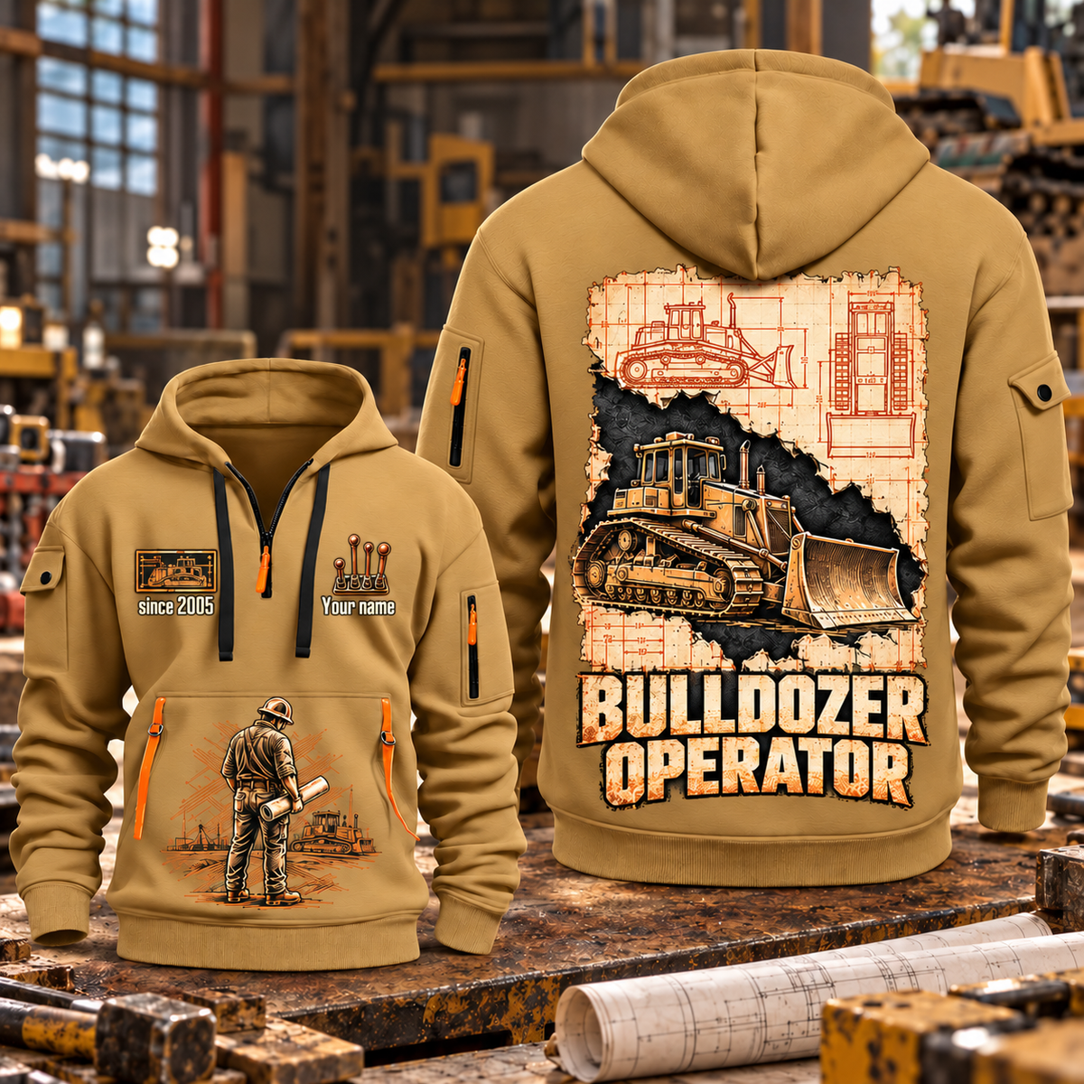 Bulldozer Operator Blueprint Quarter Zip Hoodie in Khaki, front and back views with tracked bulldozer engineering artwork and sample since 2005 and Your name lettering.