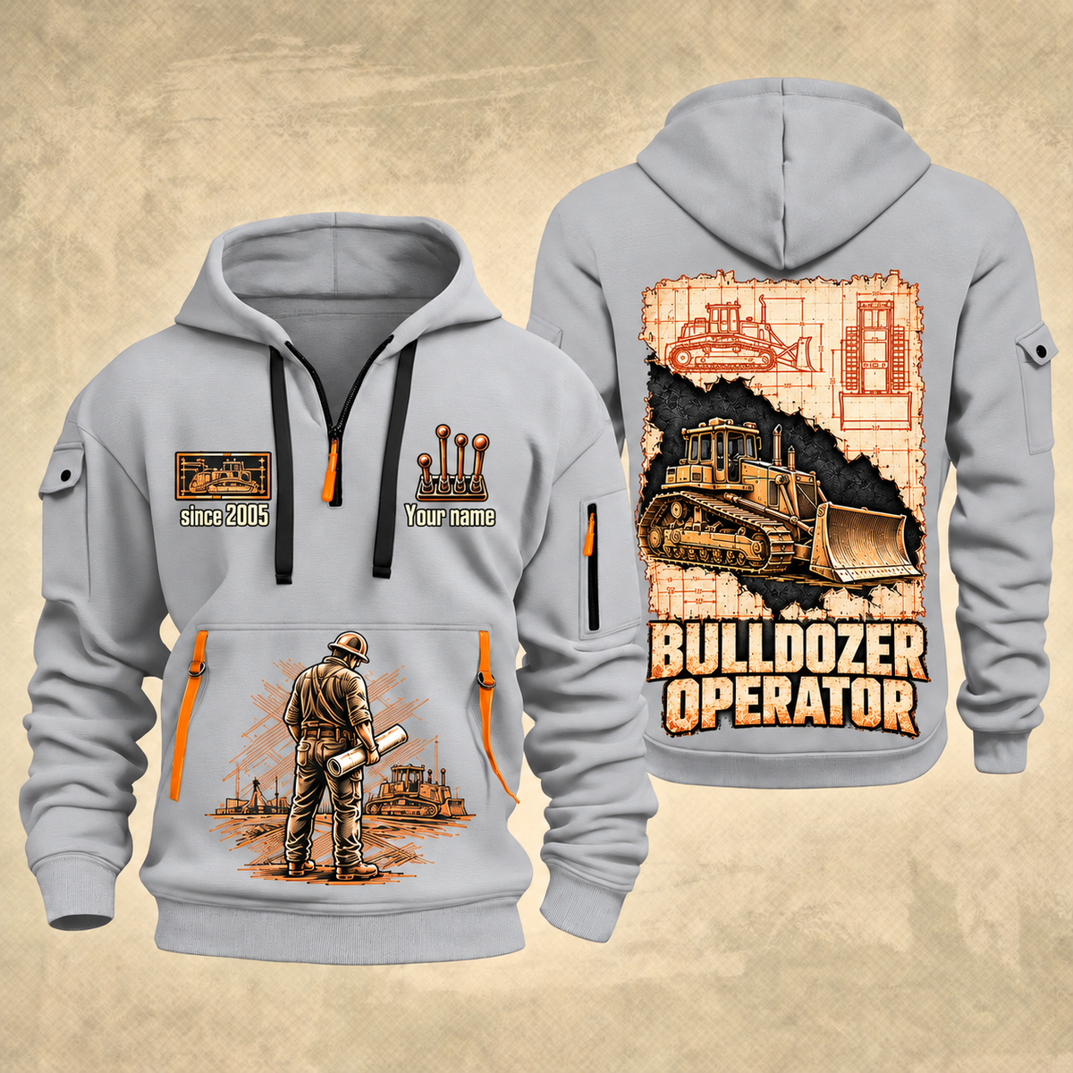 Bulldozer Operator Blueprint Quarter Zip Hoodie in Light Grey, front and back views with tracked bulldozer engineering artwork and sample since 2005 and Your name lettering.
