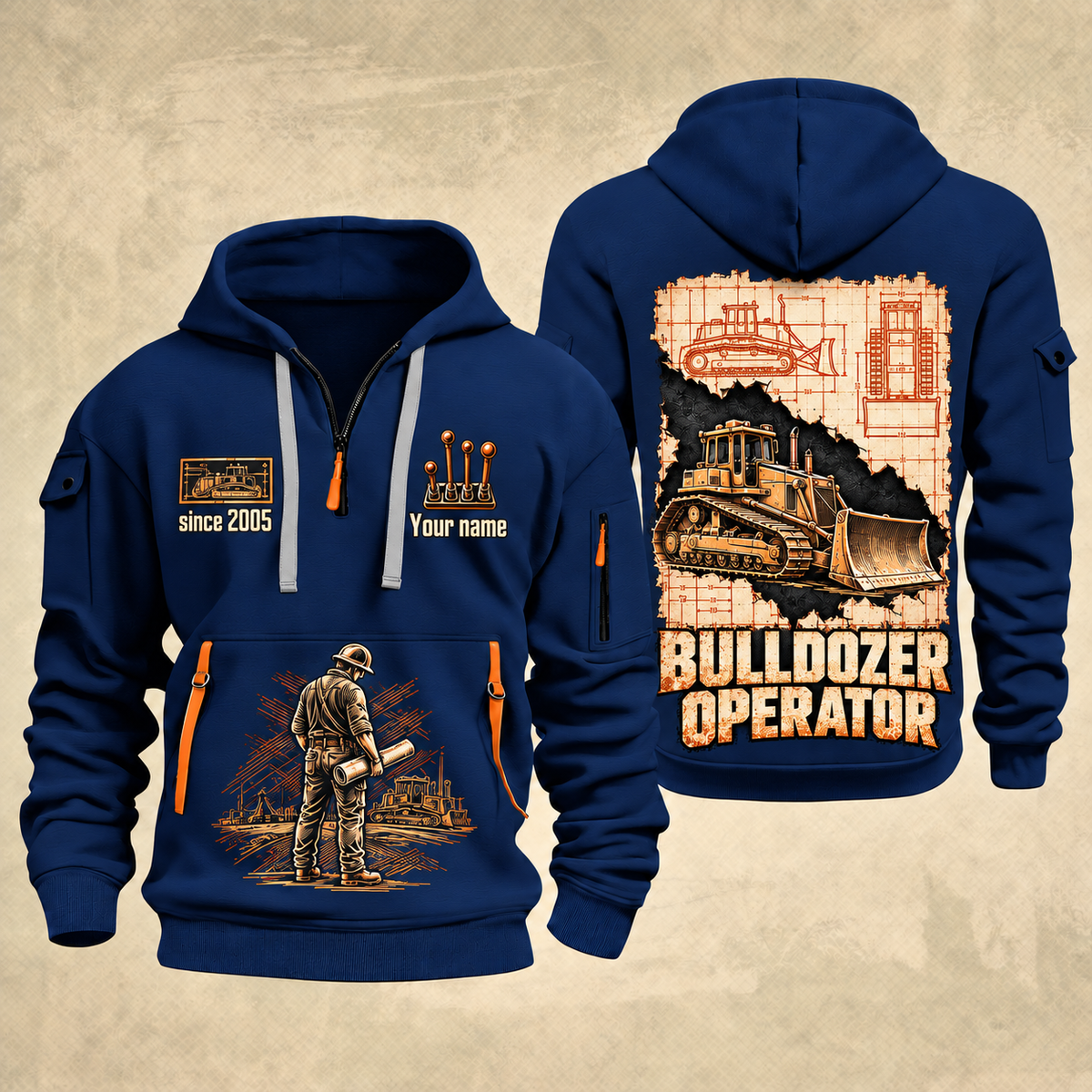 Bulldozer Operator Blueprint Quarter Zip Hoodie in Navy, front and back views with tracked bulldozer engineering artwork and sample since 2005 and Your name lettering.