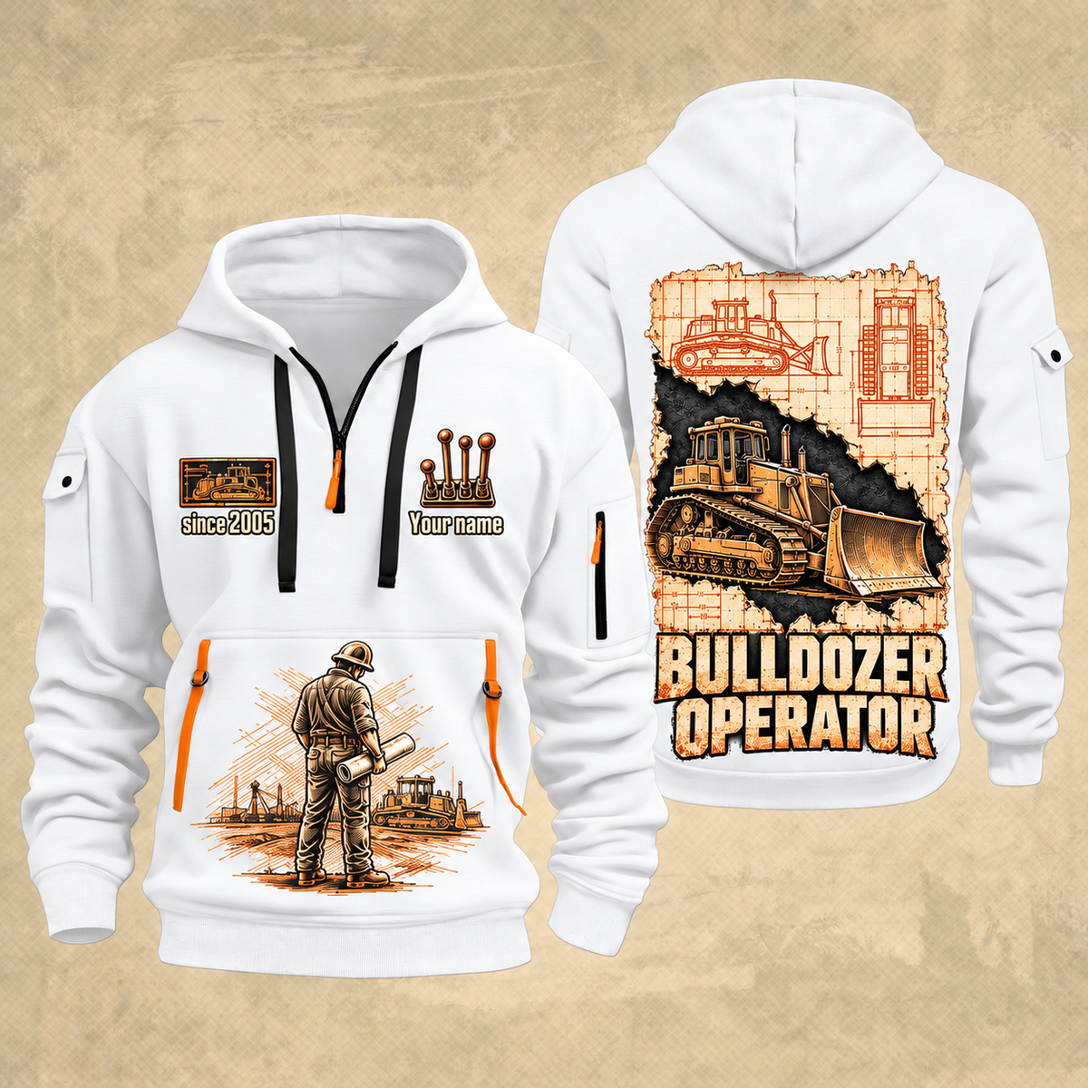 Bulldozer Operator Blueprint Quarter Zip Hoodie in White, front and back views with tracked bulldozer engineering artwork and sample since 2005 and Your name lettering.