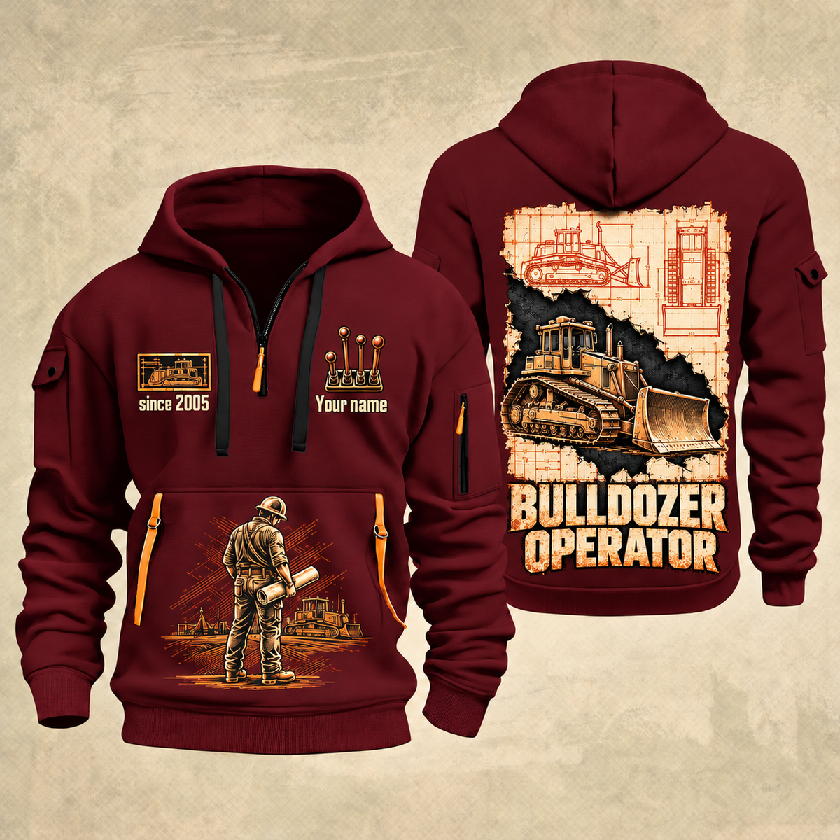 Bulldozer Operator Blueprint Quarter Zip Hoodie in Wine Red, front and back views with tracked bulldozer engineering artwork and sample since 2005 and Your name lettering.