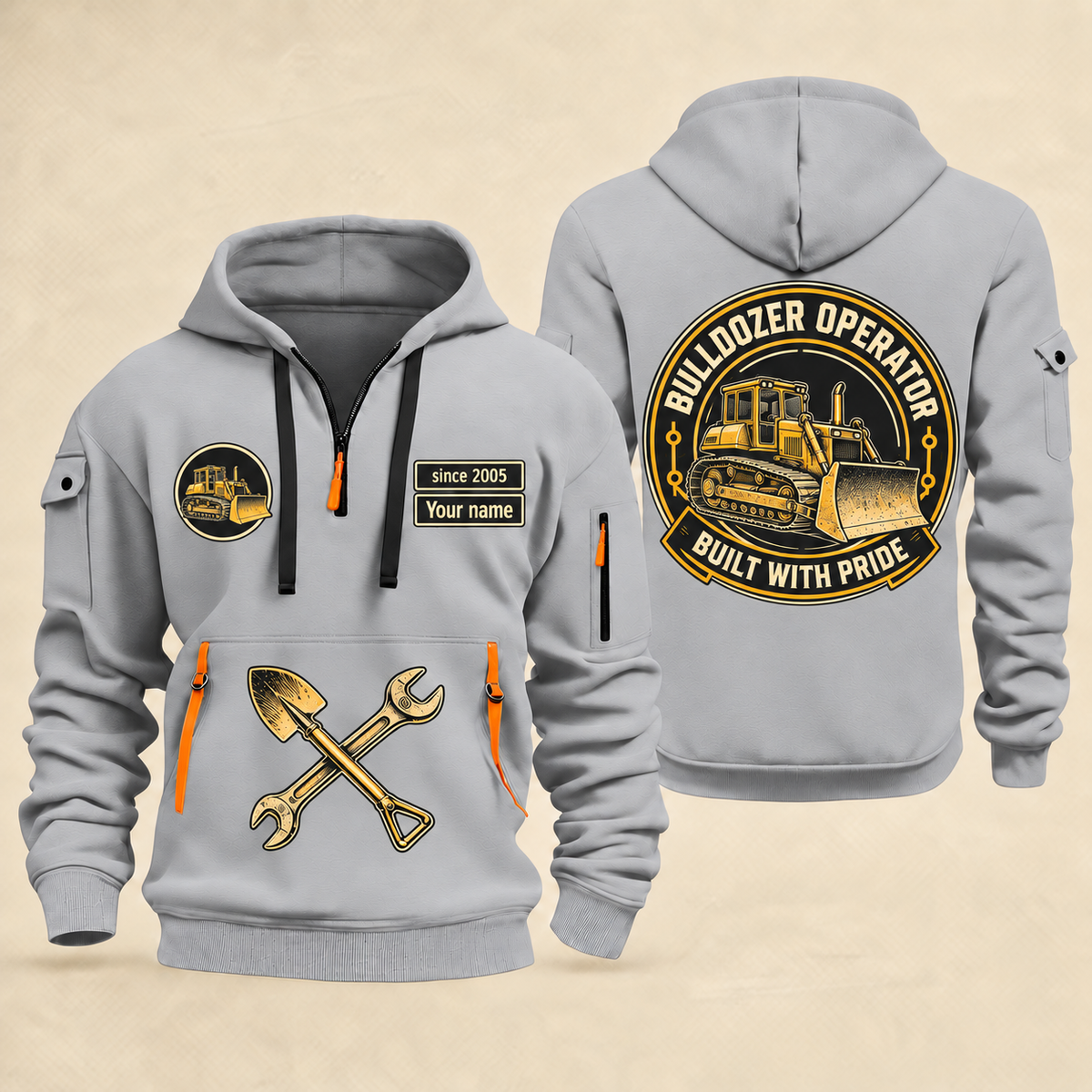 Bulldozer Operator Built with Pride Quarter Zip Hoodie in Light Grey, front and back, with tracked bulldozer artwork and printed since 2005 and Your name samples