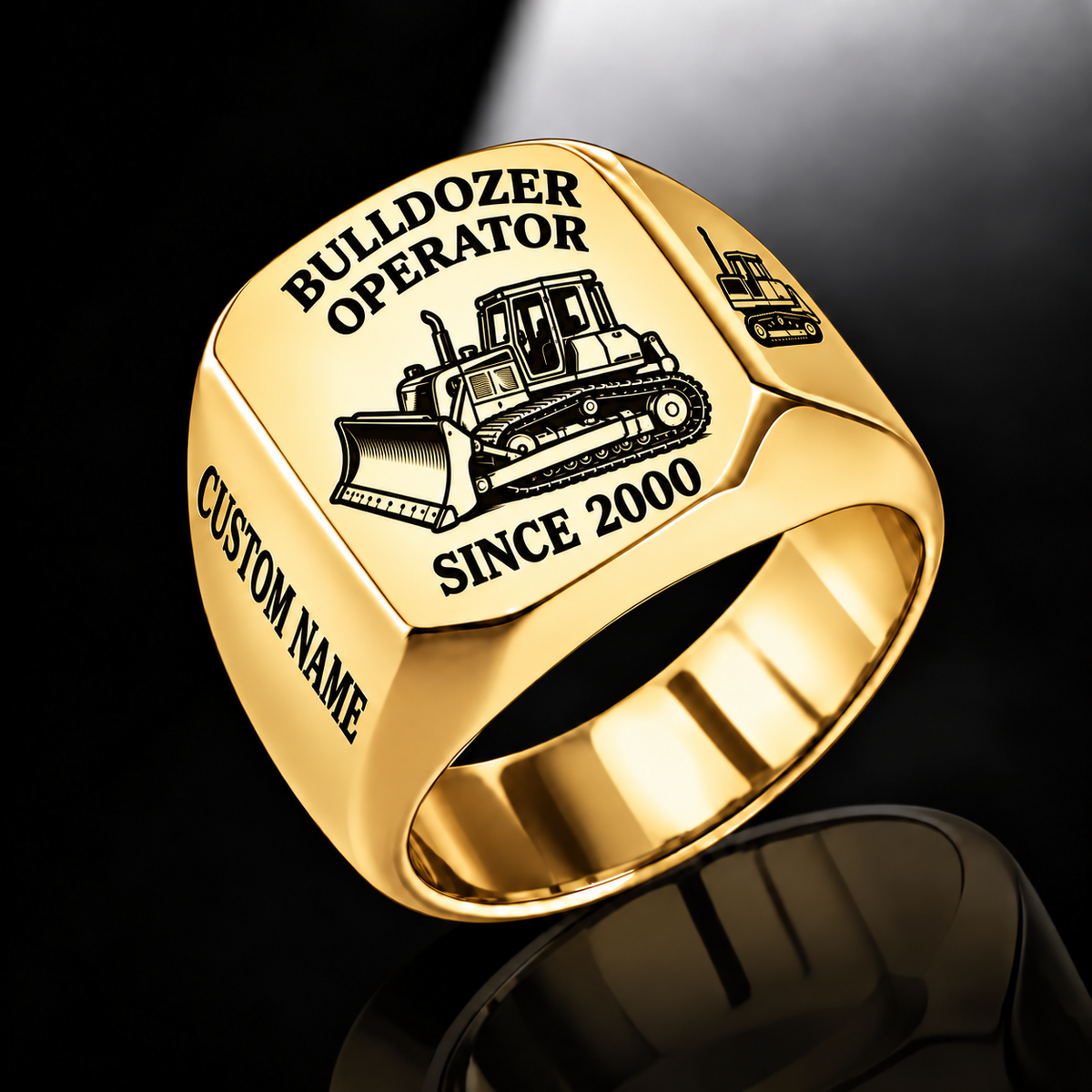 Bulldozer Operator Trade Emblem ring in Gold, with tracked bulldozer artwork and sample CUSTOM NAME and SINCE 2000 engraving.