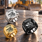 Bulldozer Operator Trade Emblem rings in Black, Silver and Gold on a construction workshop surface, with Black dominant and sample name-and-year artwork.